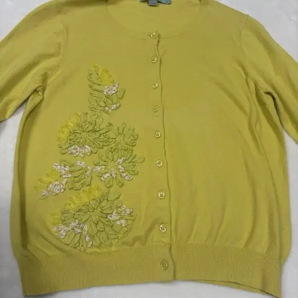 Boden Yellow Floral Applique Cardigan Cotton Sweater US 12 Spring Embellished - Picture 2 of 12